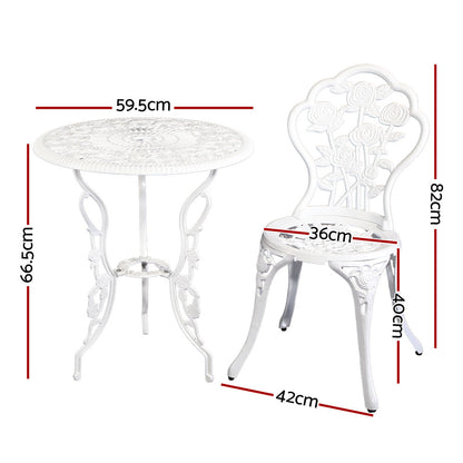 Gardeon 3PC Outdoor Setting Bistro Set Chairs Table Cast Aluminum Patio Furniture Rose White