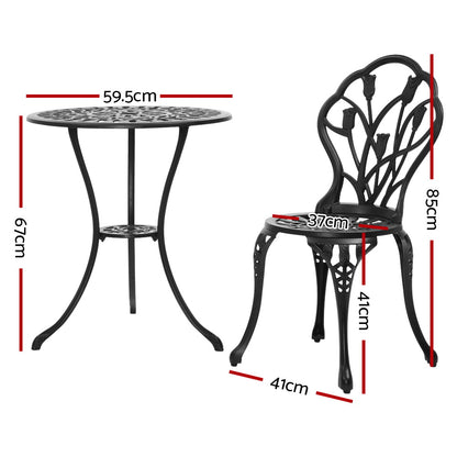 Gardeon 3PC Outdoor Setting Bistro Set Chairs Table Cast Aluminum Patio Furniture Tulip Black