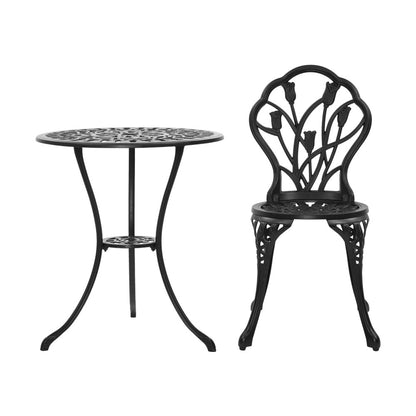 Gardeon 3PC Outdoor Setting Bistro Set Chairs Table Cast Aluminum Patio Furniture Tulip Black