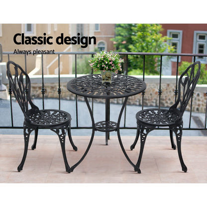 Gardeon 3PC Outdoor Setting Bistro Set Chairs Table Cast Aluminum Patio Furniture Tulip Black