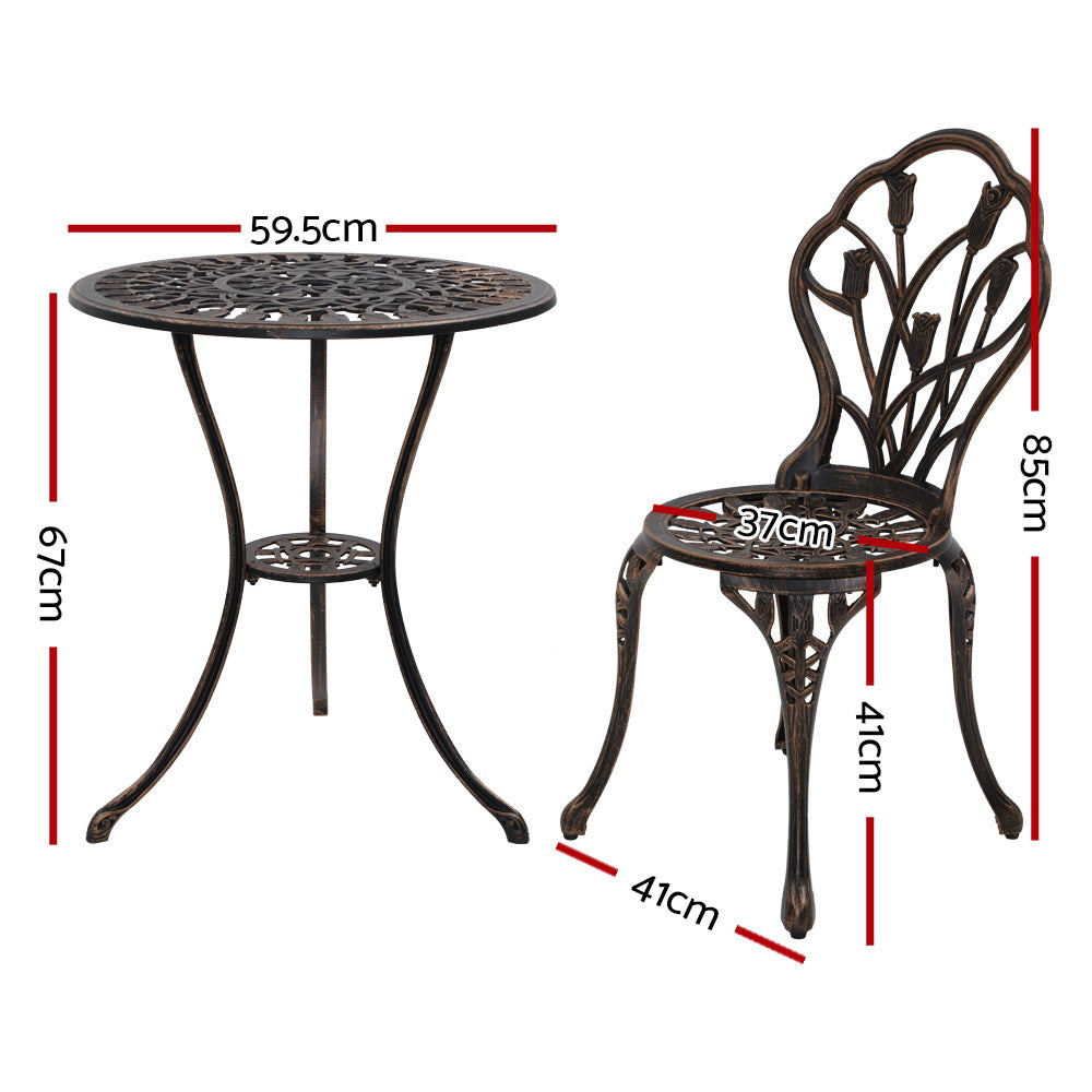 Gardeon 3PC Outdoor Setting Bistro Set Chairs Table Cast Aluminum Patio Furniture Tulip Bronze