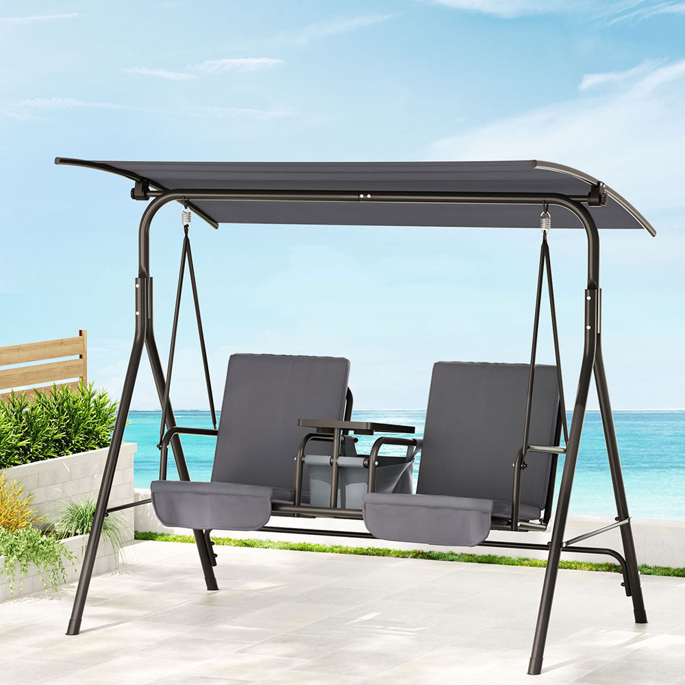 Gardeon Outdoor Swing Chair Garden Furniture Canopy Cup Holder 2 Seater Grey