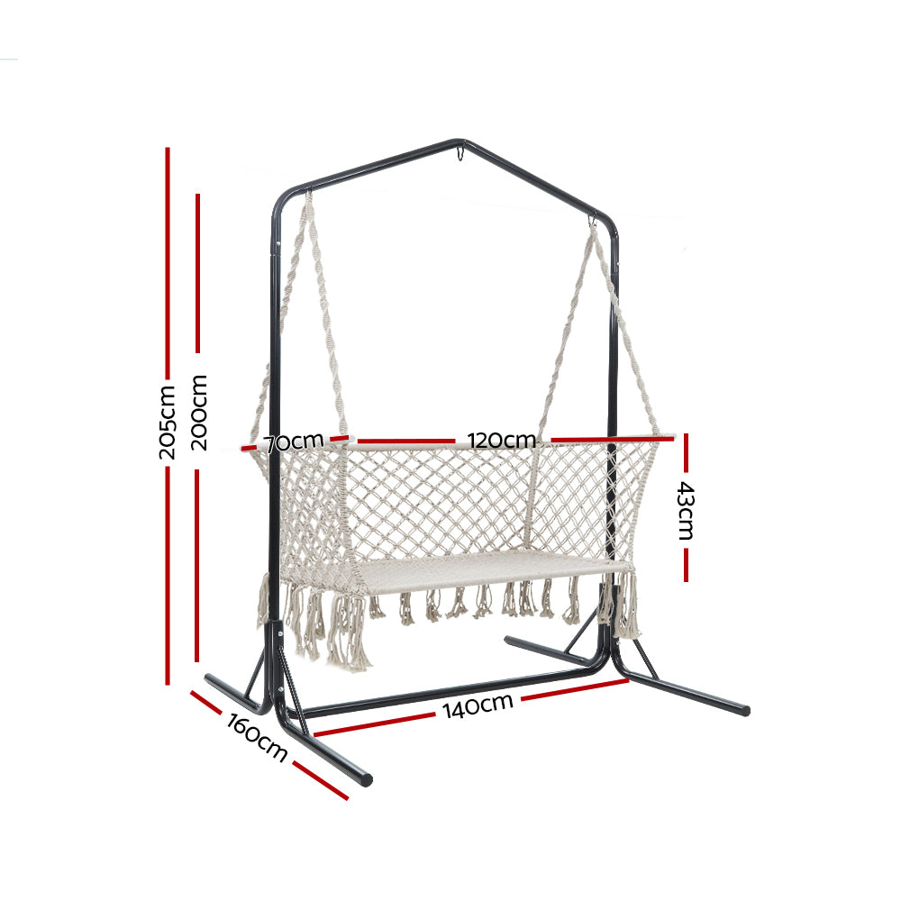 Gardeon Hammock Chair with Stand Macrame Outdoor Garden 2 Seater Cream