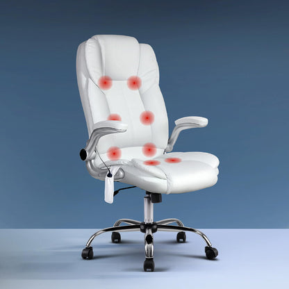 Artiss 8 Point Massage Office Chair PU Leather White