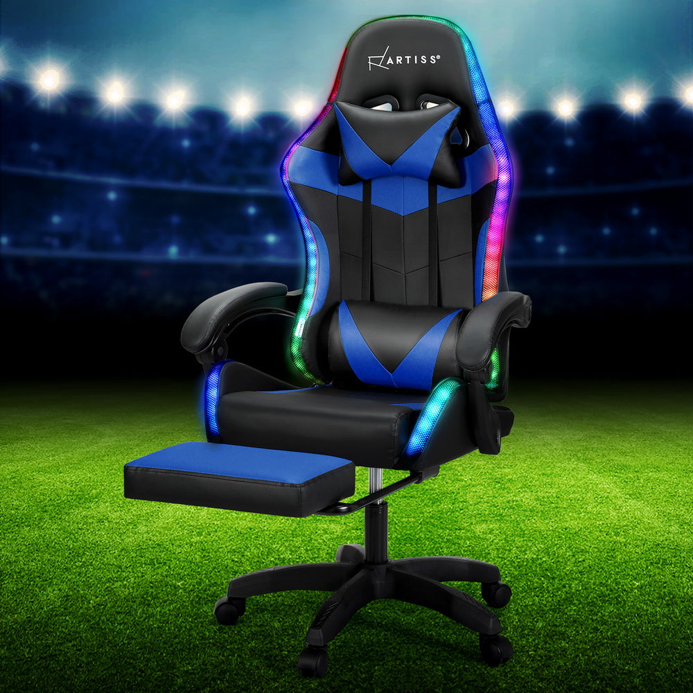 Artiss 6 Point Massage Gaming Office Chair 7 LED Footrest Blue