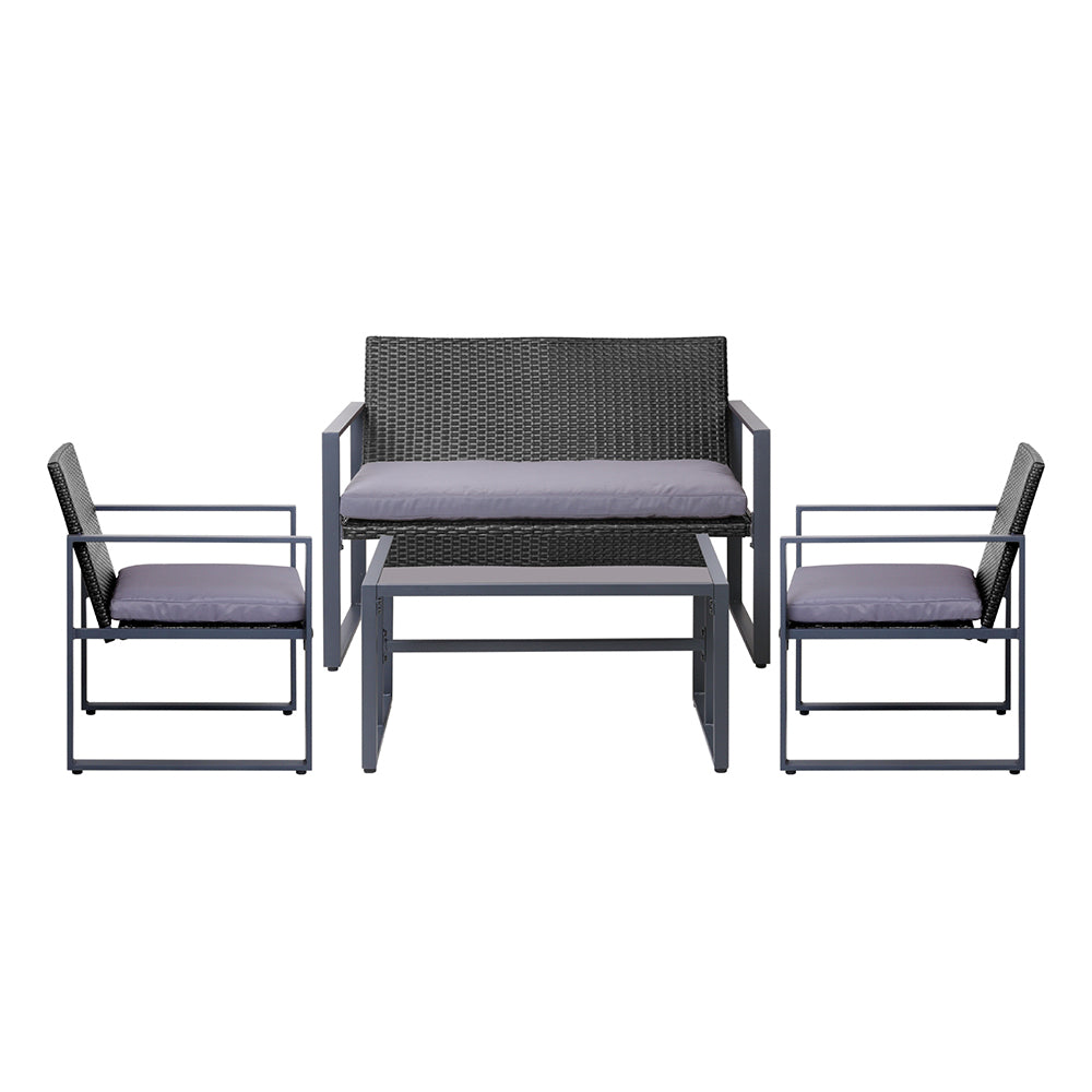 Gardeon 4 PCS Outdoor Sofa Set Rattan Furniture Glass Top Table Chairs Black