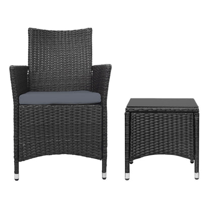 Gardeon 3PC Outdoor Bistro Set Patio Furniture Wicker Chairs Table Cushion All Black