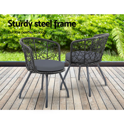 Gardeon 3PC Bistro Set Outdoor Furniture Rattan Table Chairs Patio Garden Cushion Black