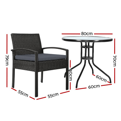 Gardeon 3PC Bistro Set Outdoor Furniture Rattan Table Chairs Cushion Patio Garden Felix