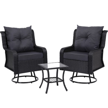 Gardeon 3PC Outdoor Furniture Bistro Set Lounge Wicker Swivel Chairs Table Cushion Black