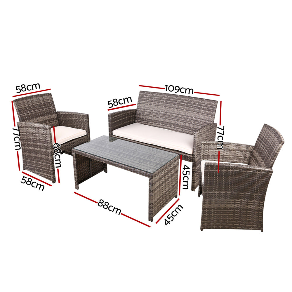 Gardeon 4 PCS Outdoor Sofa Set with Storage Cover Rattan Chair Furniture Grey