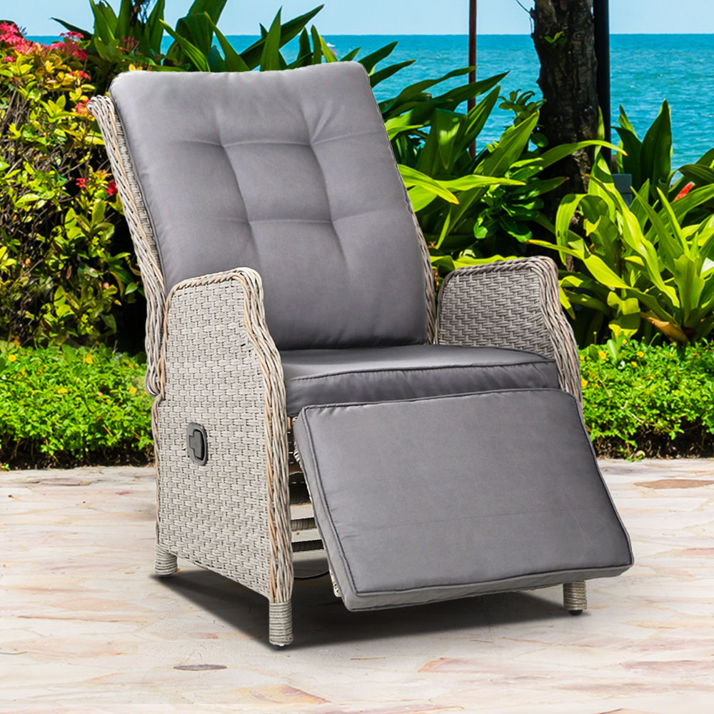 Gardeon Recliner Chairs Sun lounge Wicker Lounger Outdoor Furniture Patio Adjustable Grey