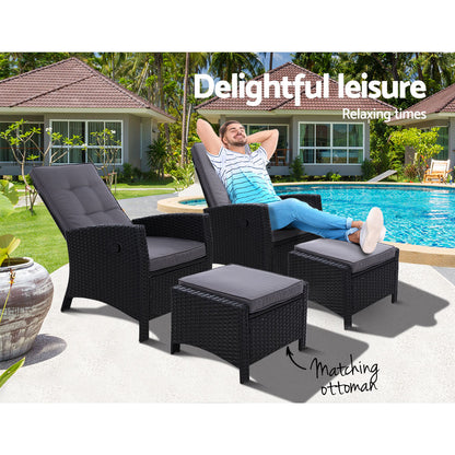 Gardeon 2PC Recliner Chairs Sun lounge Wicker Lounger Outdoor Furniture Adjustable Black