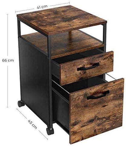 File Cabinet with 2 Drawers, Wheels and Open Compartment Rustic Brown and Black