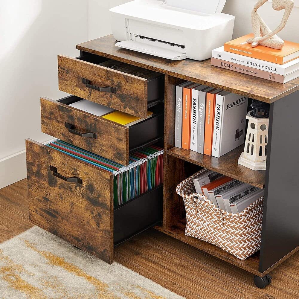 3-Drawer File Cabinet with Open Compartments for A4 Rustic Brown and Black