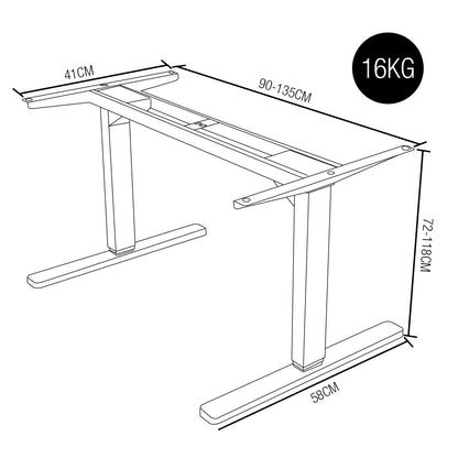 FORTIA Single Motor Sit/Stand Desk Frame, 58 x 90-135cm, 72-118cm Height Adjustable, 70kg Load, White