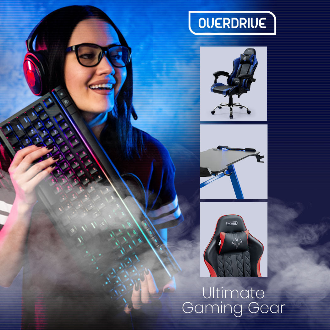 OVERDRIVE Conquest Series Reclining Gaming Ergonomic Office Chair with Lumbar and Neck Pillows, Black and Blue