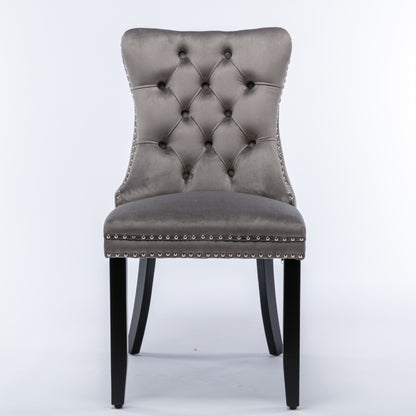 2x Velvet Dining Chairs Upholstered Tufted Kithcen Chair with Solid Wood Legs Stud Trim and Ring-Gray