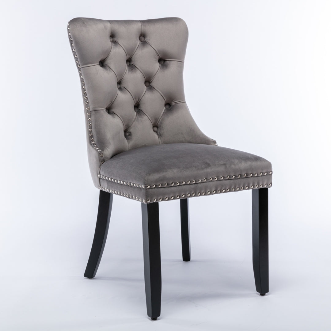 2x Velvet Dining Chairs Upholstered Tufted Kithcen Chair with Solid Wood Legs Stud Trim and Ring-Gray