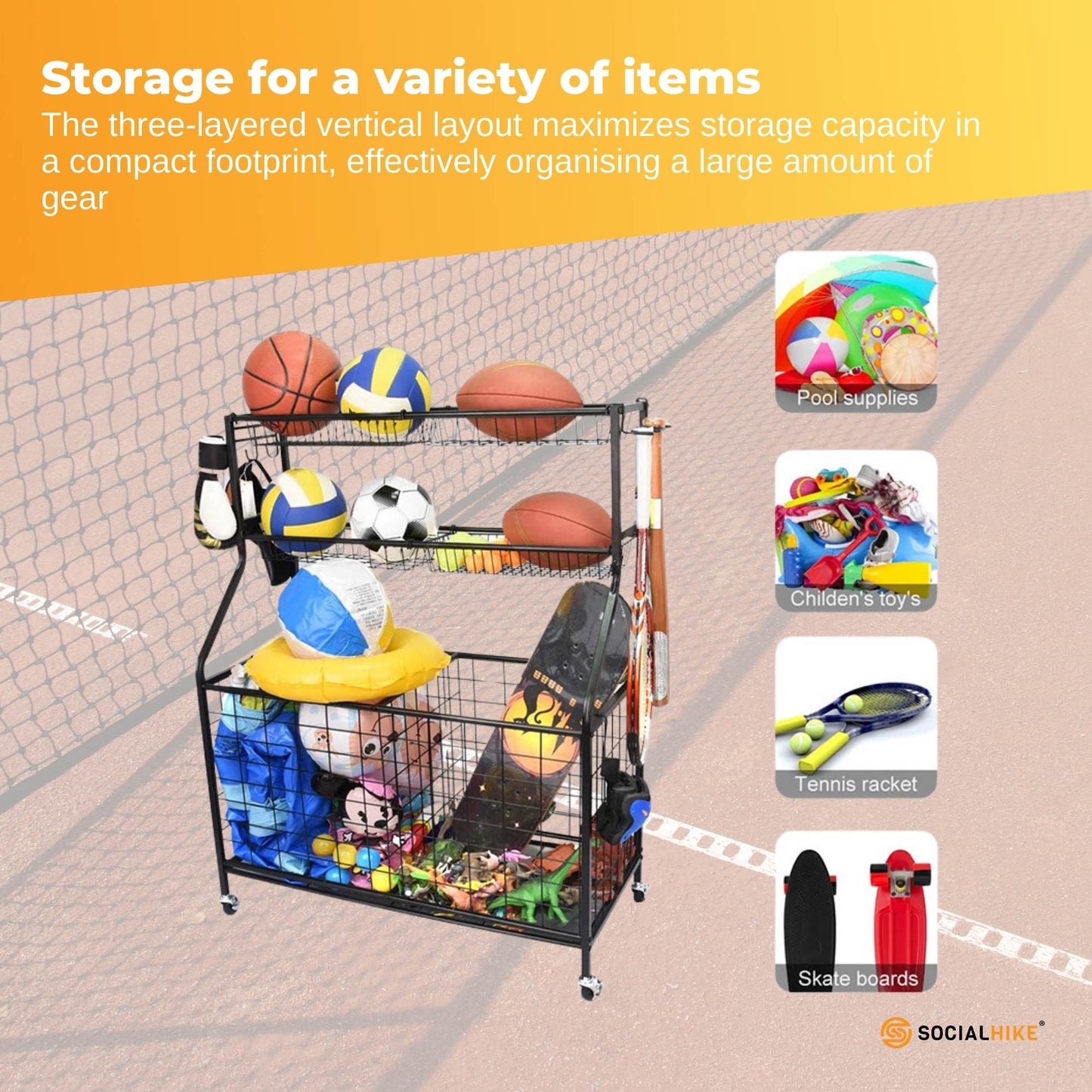 Social Hike Storage Organiser Trolley on Wheels - Garage Sports Equipment Basket