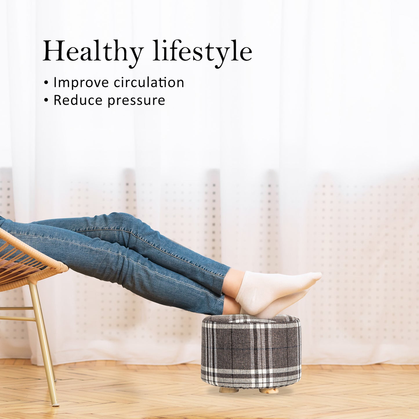 2X Fabric Ottoman Round Wooden Leg Foot Stool - LATTICE