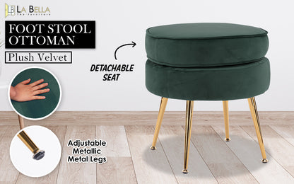 Ottoman Foot Stool Velvet Fabric Metal Leg Round GREEN