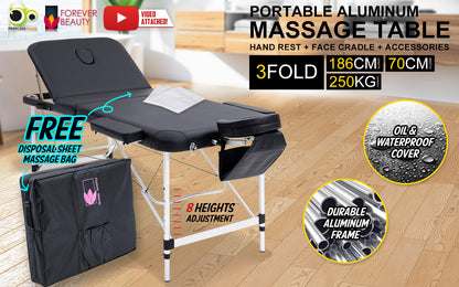 Aluminium Portable Beauty Massage Table Bed 3 Fold 70cm Black