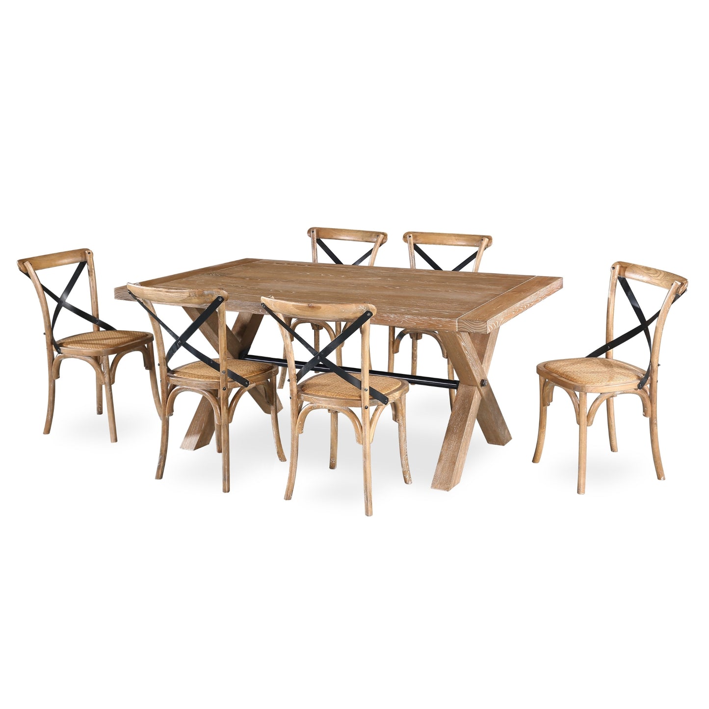 Woodland 8pc Set Dining Chair X-Back Birch Timber Wood Woven Seat Natural