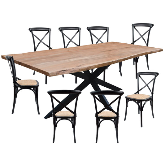 Lantana 9pc 240cm Dining Table 8 Black X-Back Chair Set Live Edge Acacia Wood