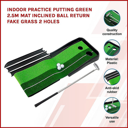 Indoor Practice Putting Green 2.5m Mat Inclined Ball Return Fake Grass 2 Holes