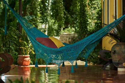 Outdoor undercover cotton Mayan Legacy hammock with hand crocheted tassels Queen Size Bondi