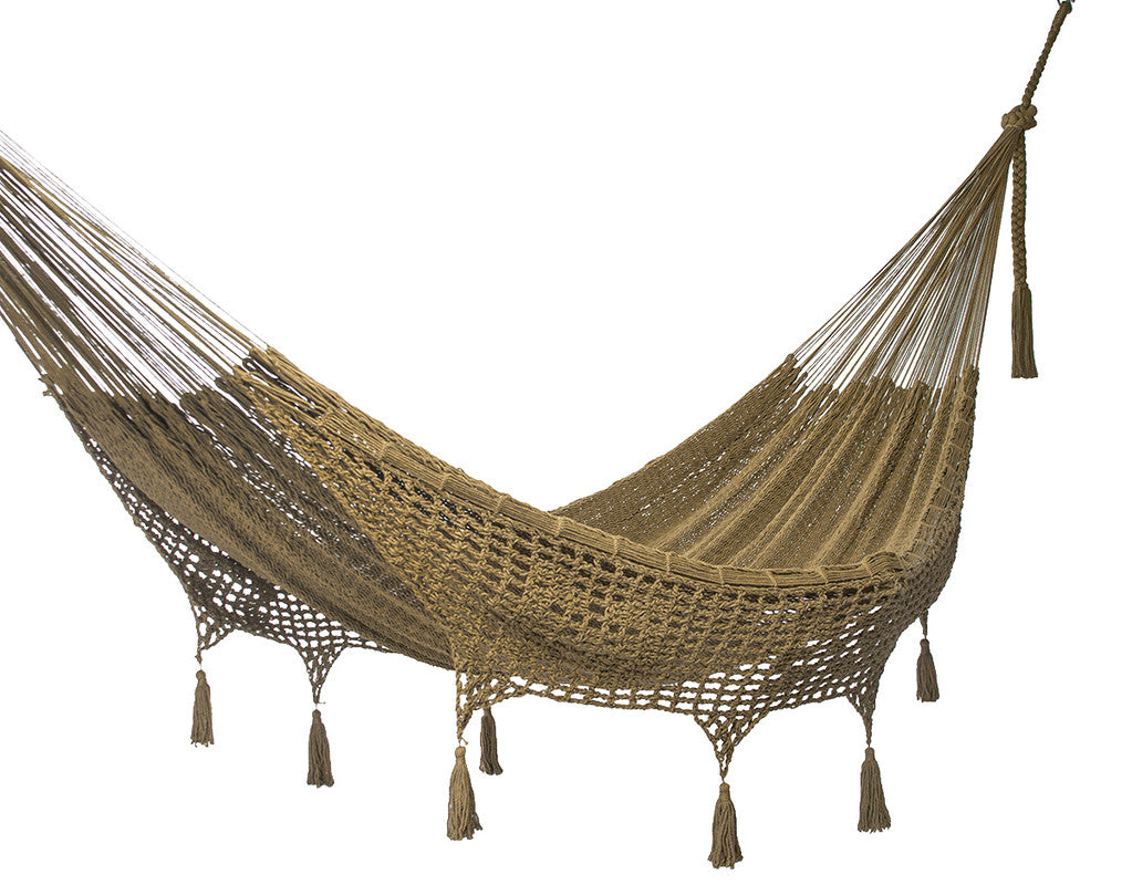 Outdoor undercover cotton Mayan Legacy hammock with hand crocheted tassels Queen Size Cedar